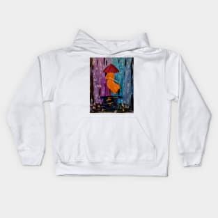 A lady with umbrella walking down a rain soaked footpath Kids Hoodie